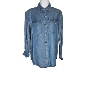 The Kooples Denim Western Shirt XXS Blue Turquoise Buttons Rodeo Coastal Cowgirl